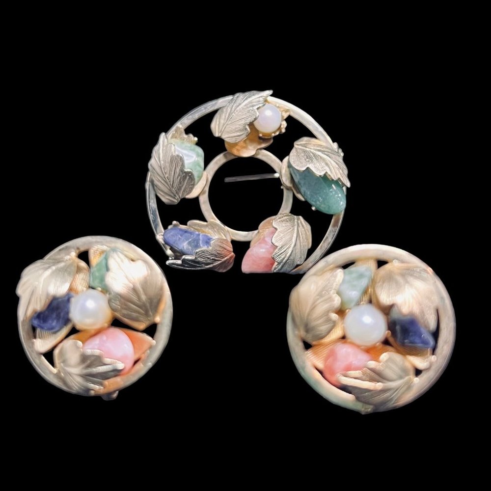 Sarah Coventry Gold Tone W/Semi Precious Stones Brooch & Clip On Earrings (4603)